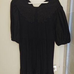 ZARA Black Midi Tiered Dress with Puffed Sleeves and Peter Pan Collar